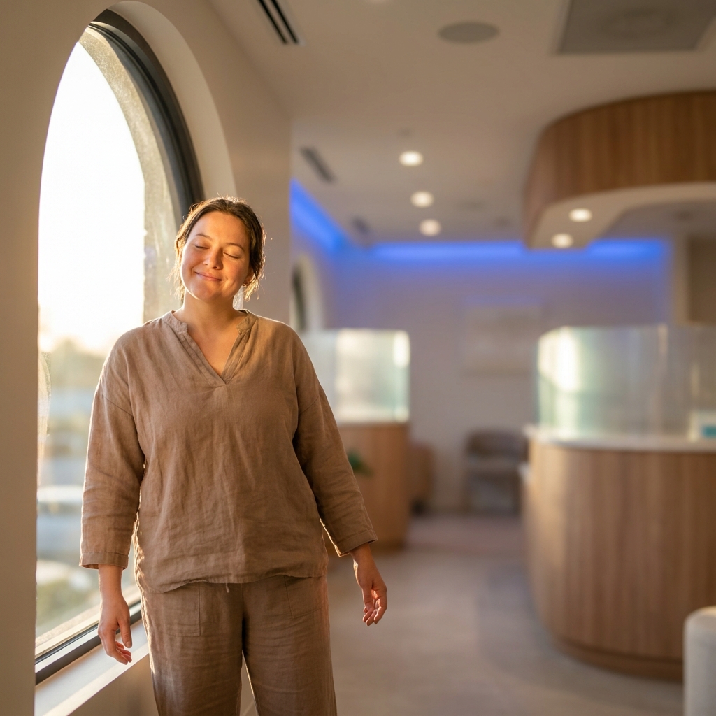 Person experiencing relief and pain free living through chronic pain solutions in a modern wellness setting