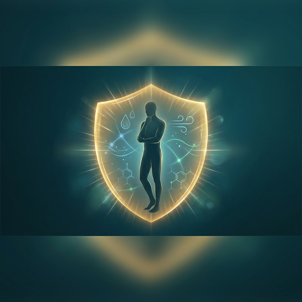 Illustration showing a protected human silhouette shielded from environmental toxins, representing physician guidance on reducing toxic burden.