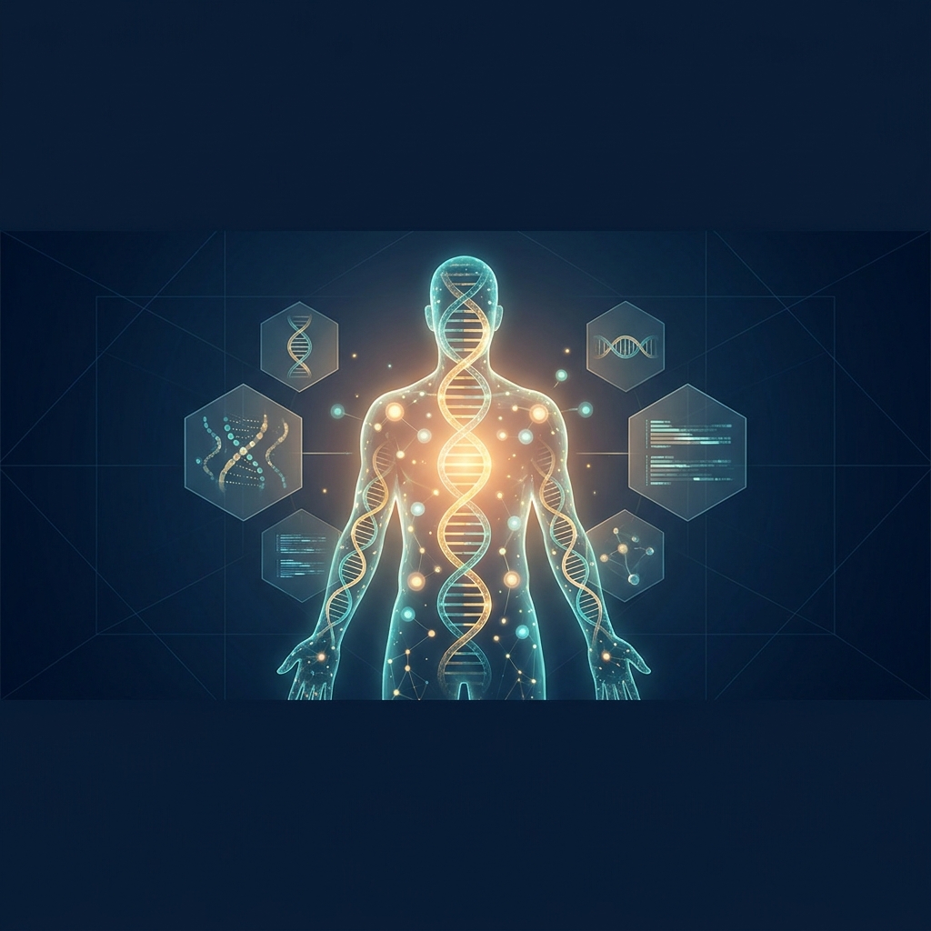 Glowing human silhouette made of DNA strands representing precision medicine genetic health and personalized treatment