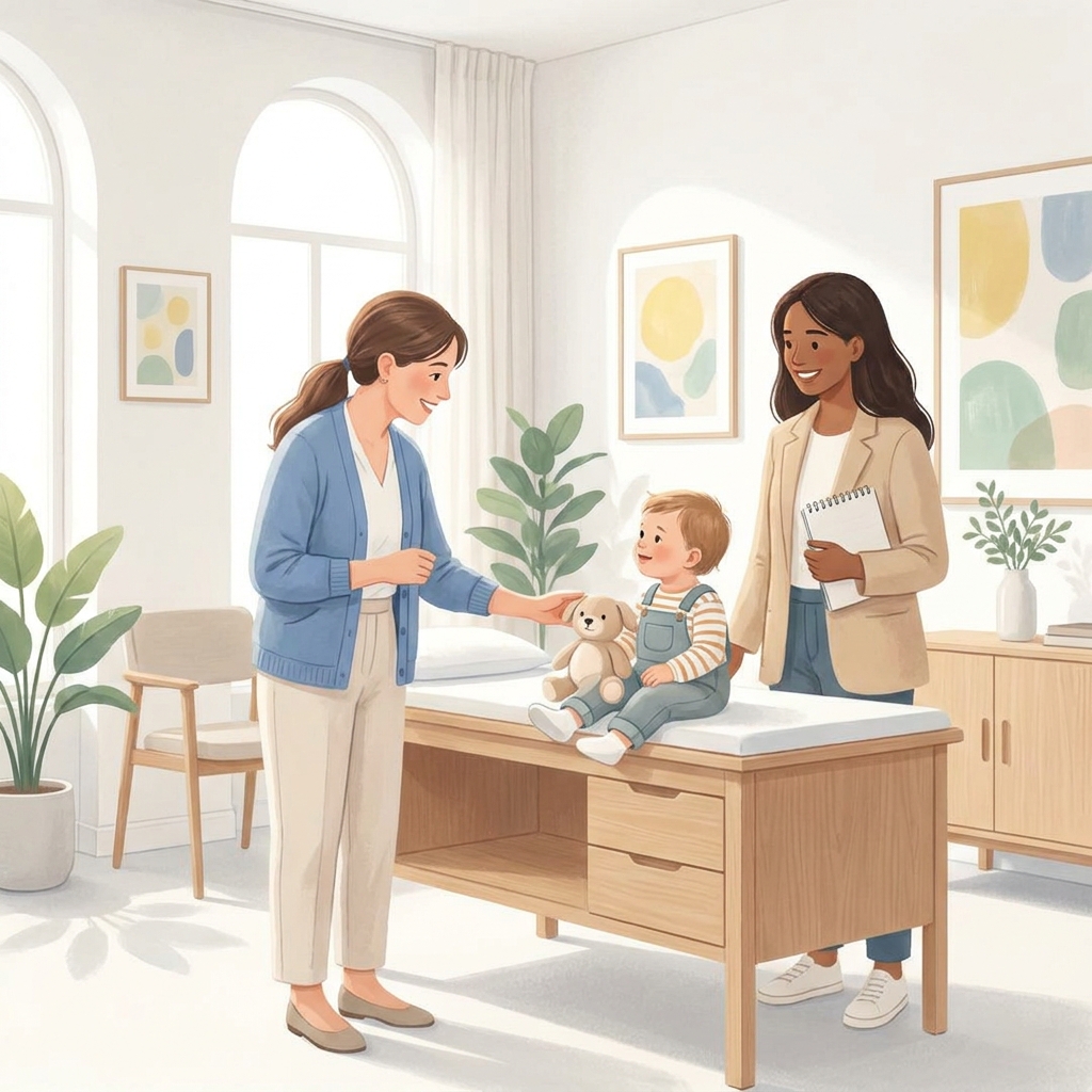 Pediatric health milestones doctor parent guide: warm pediatrician consultation with child and caregiver in bright clinic