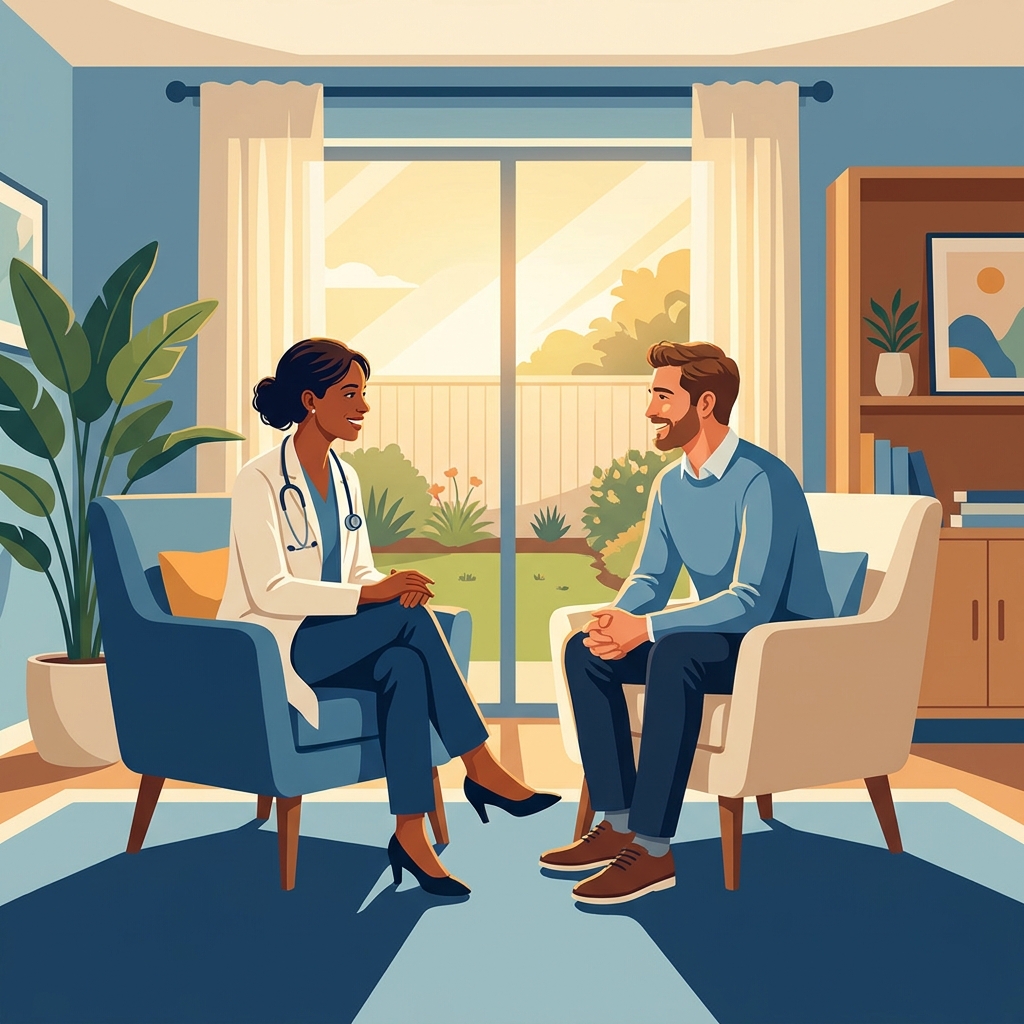 Doctor and patient in warm consultation room, illustrating doctor-patient relationship improving trust through open communication.
