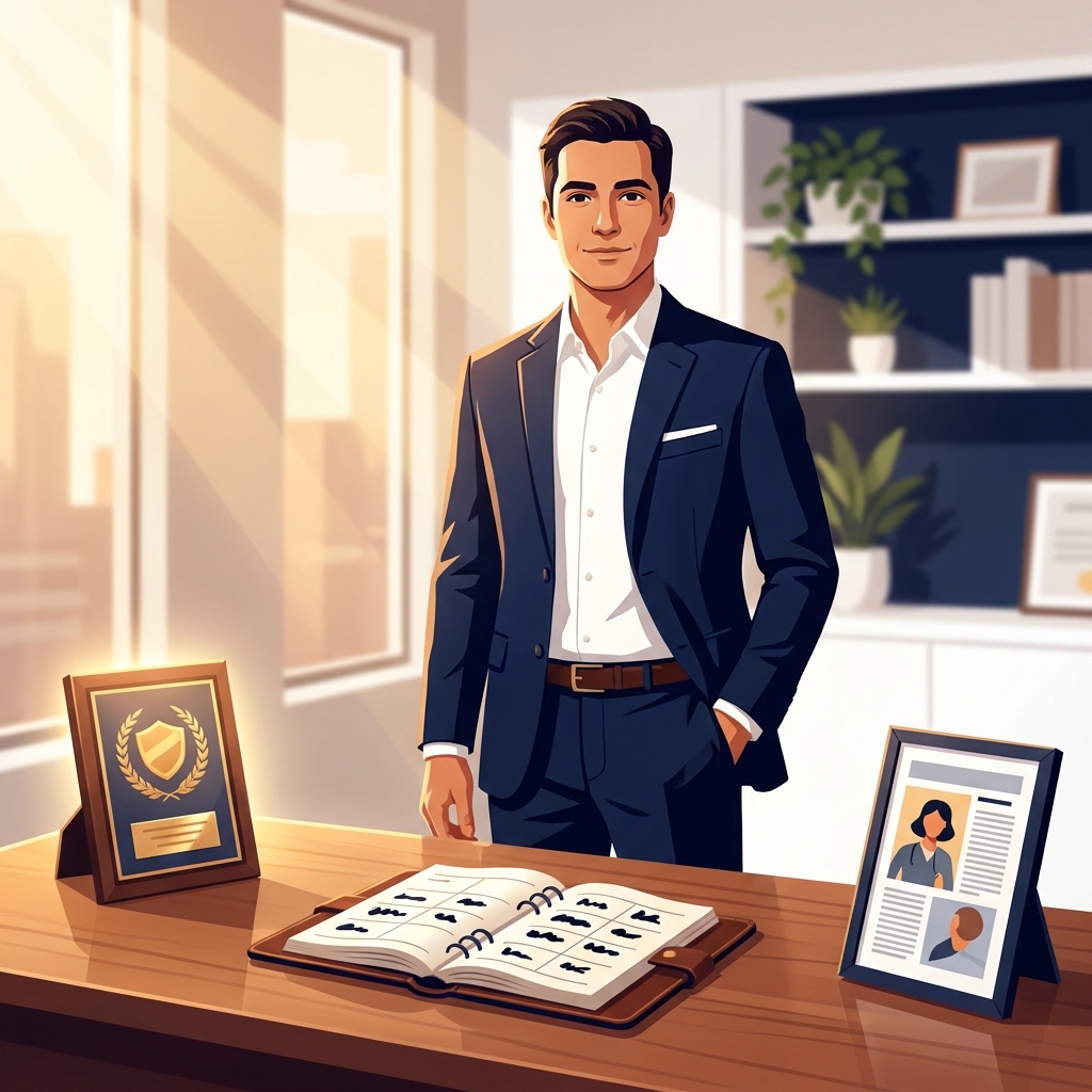 Confident physician in modern office with credibility symbols representing medical practice patient acquisition strategies
