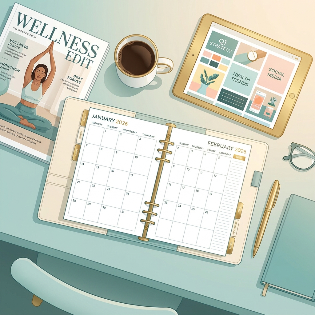 Health magazine editorial calendar content planning workspace with 2026 planner, magazine, and tablet display