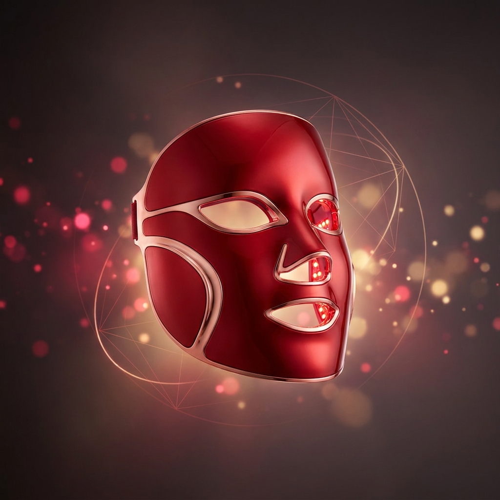 Glowing red light therapy mask surrounded by warm light — red light therapy mask giveaway health prize