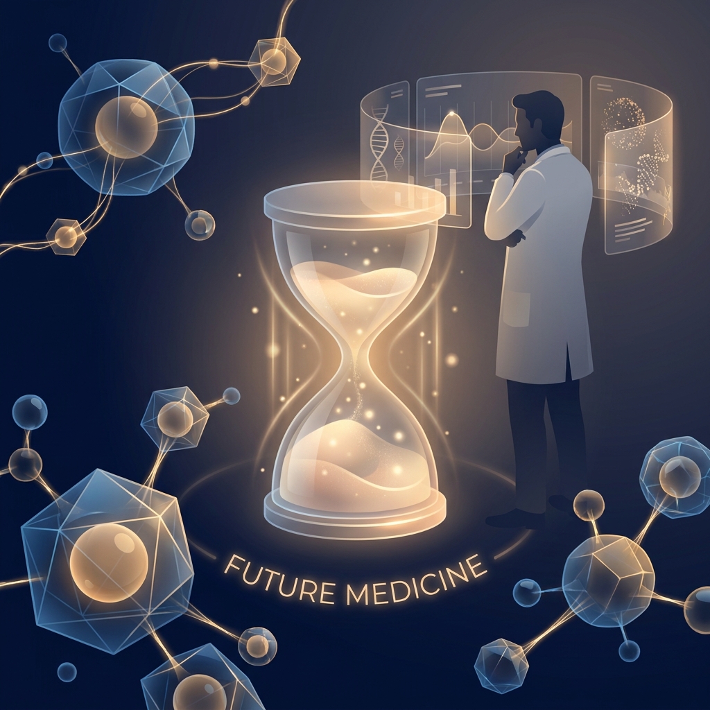Conceptual illustration representing fasting mimicking diet longevity research with glowing hourglass and physician silhouette