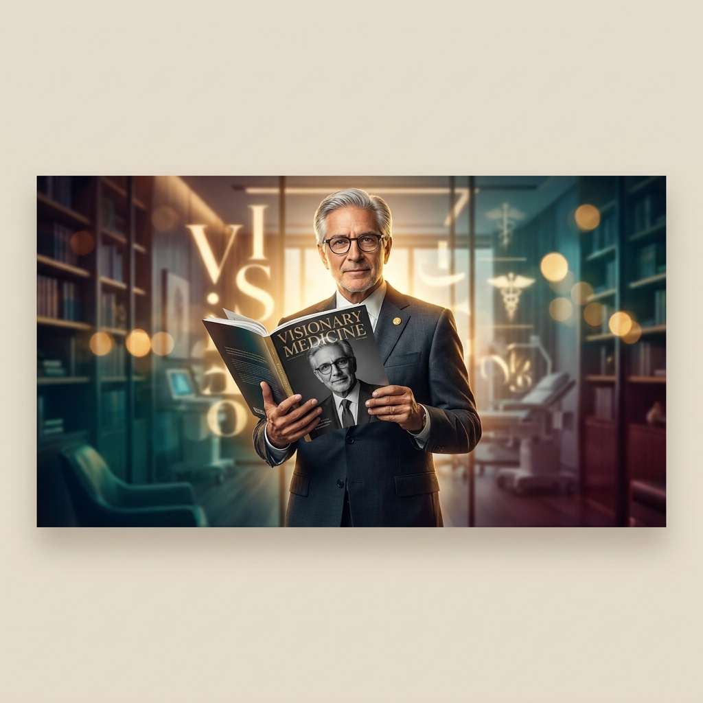 Physician holding a magazine cover feature, representing a medical professional profile publication opportunity