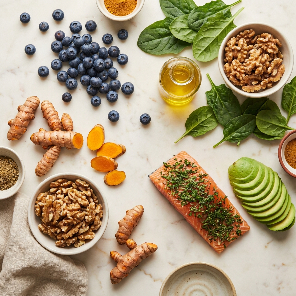 Colorful anti-inflammatory diet foods including berries, turmeric, salmon, and leafy greens on white marble