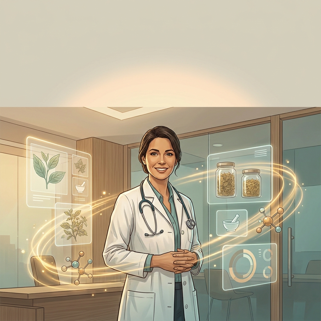 Physician surrounded by natural remedy botanicals and scientific data, representing natural medicine evidence-based physician perspectives