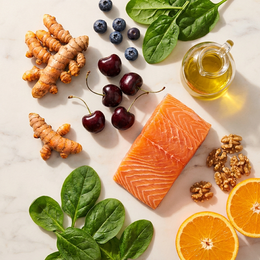 Colorful anti-inflammatory foods arranged on marble surface for a 21 day anti inflammatory diet meal plan