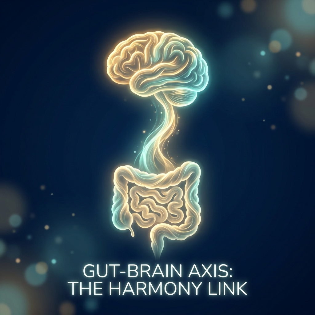 Stylized illustration of the microbiome health gut-brain connection shown as glowing neural pathways linking brain and gut