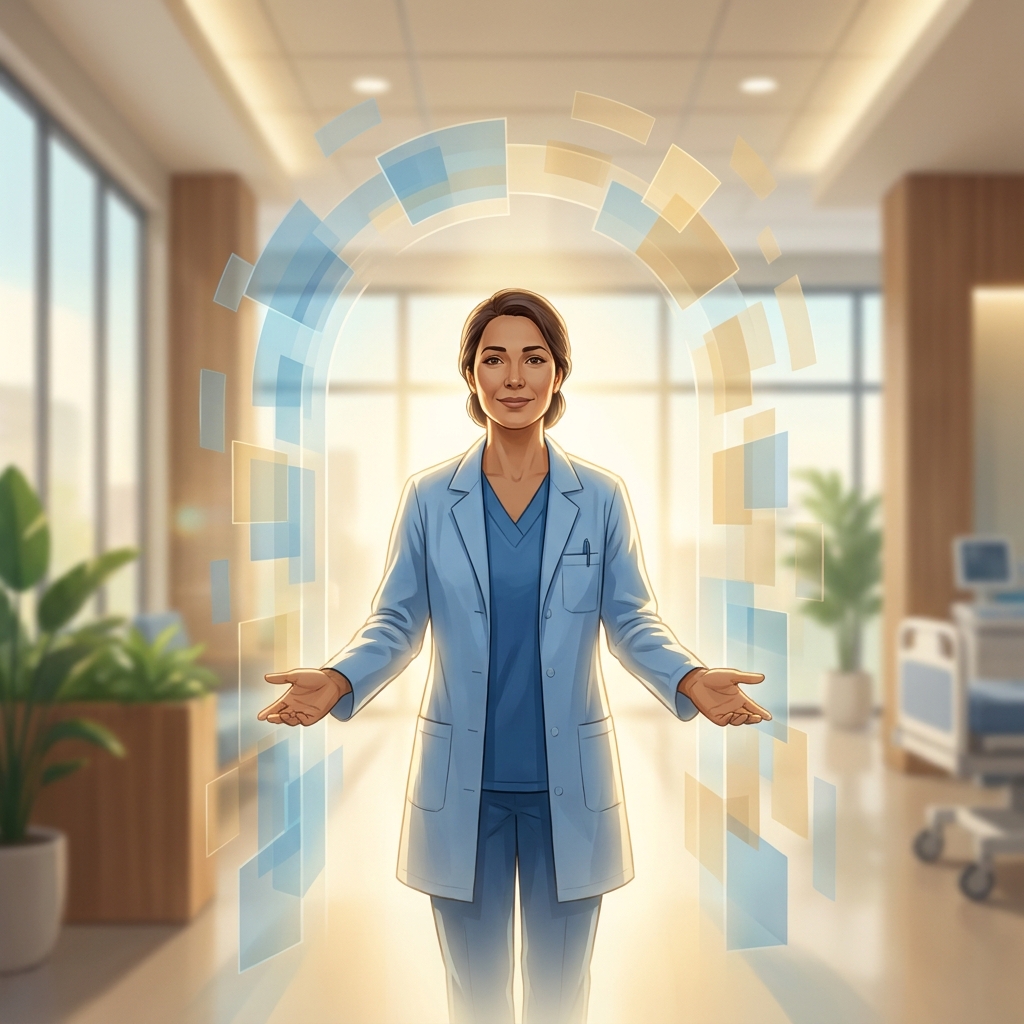 Compassionate physician embodying mental health stigma reduction, standing in warm welcoming clinic environment