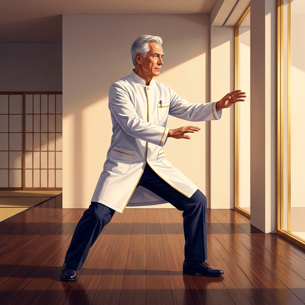 Doctor in white coat in martial arts stance representing martial arts health fitness from a doctor's perspective