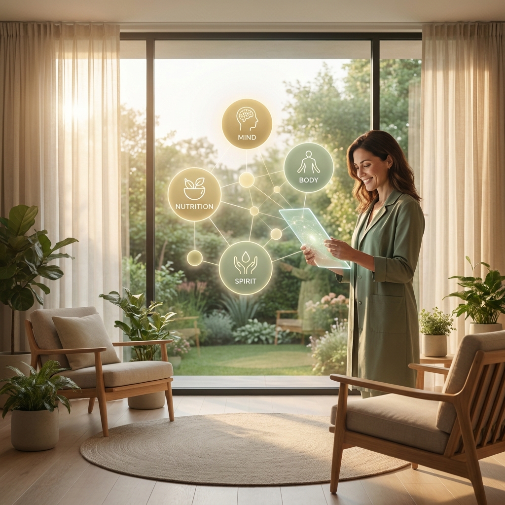 Holistic health doctor reviewing whole-person wellness framework in a warm, modern consultation room