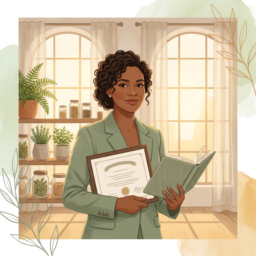 Woman holding holistic nutritionist course certificate in a bright wellness studio surrounded by herbs and natural light
