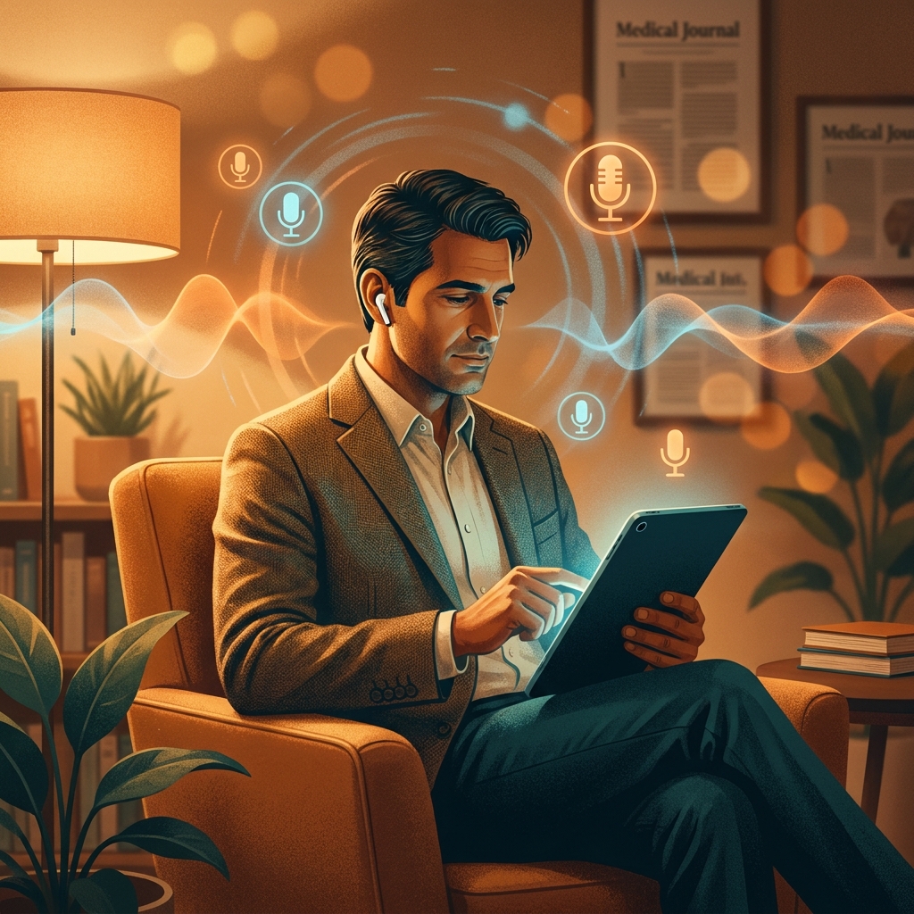 Physician listening to a health magazine podcast, representing curated physician stories for 2026 listeners.