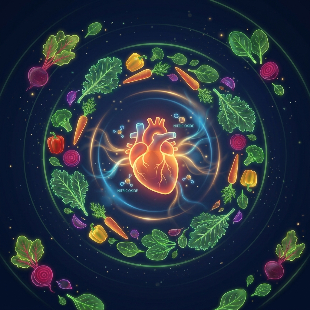 Stylized illustration of a healthy heart surrounded by anti-inflammatory diet foods and glowing nitric oxide energy