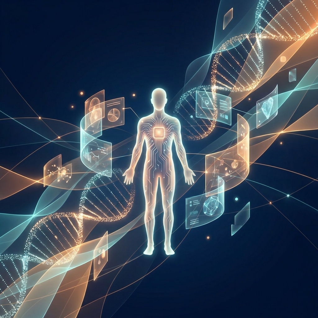 Conceptual illustration representing the personalized medicine future of healthcare with glowing DNA and data streams