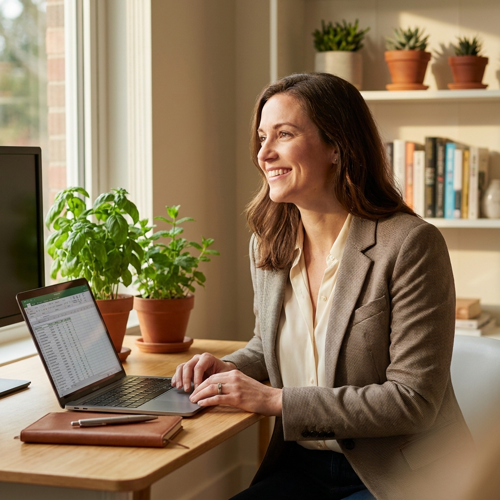Holistic nutritionist reviewing salary and earnings information at a bright modern workspace