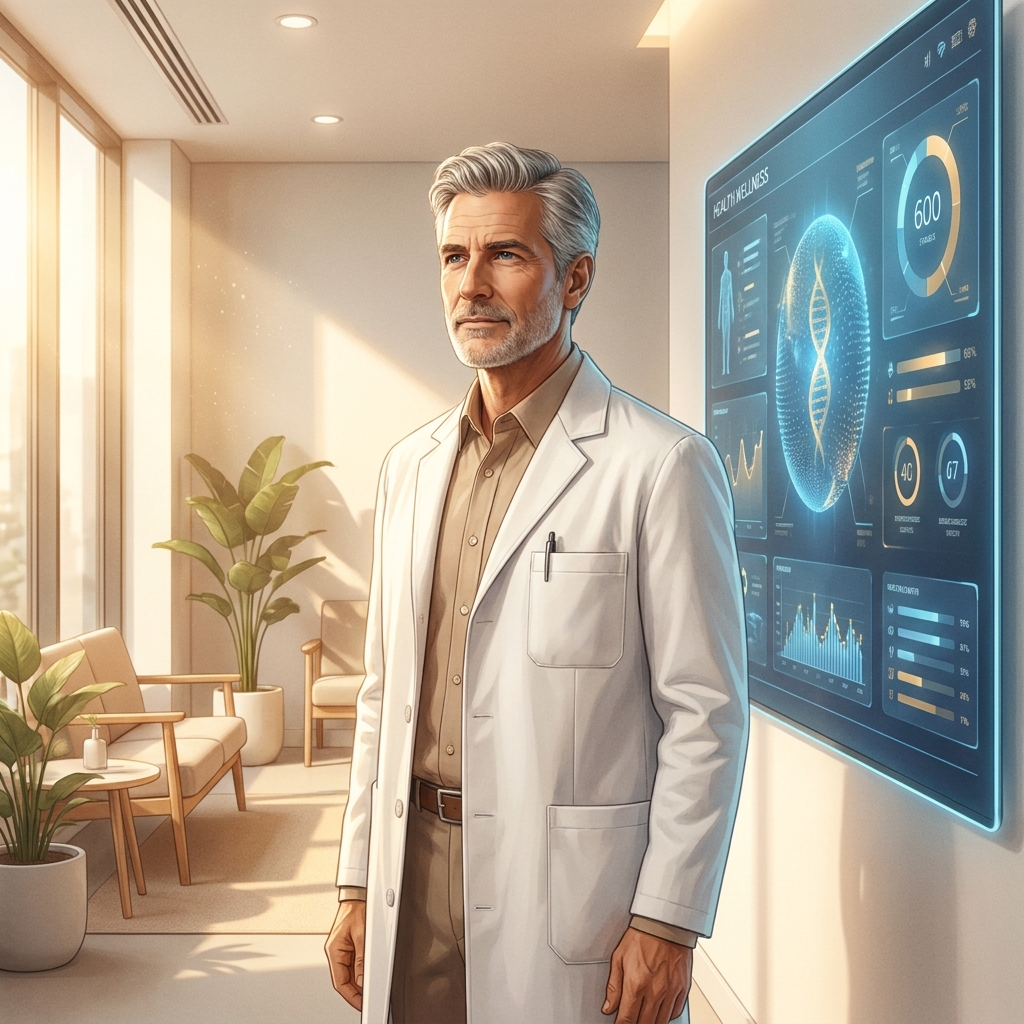 Longevity medicine anti-aging doctor strategies illustrated by a physician reviewing biological age health metrics in a modern wellness clinic.