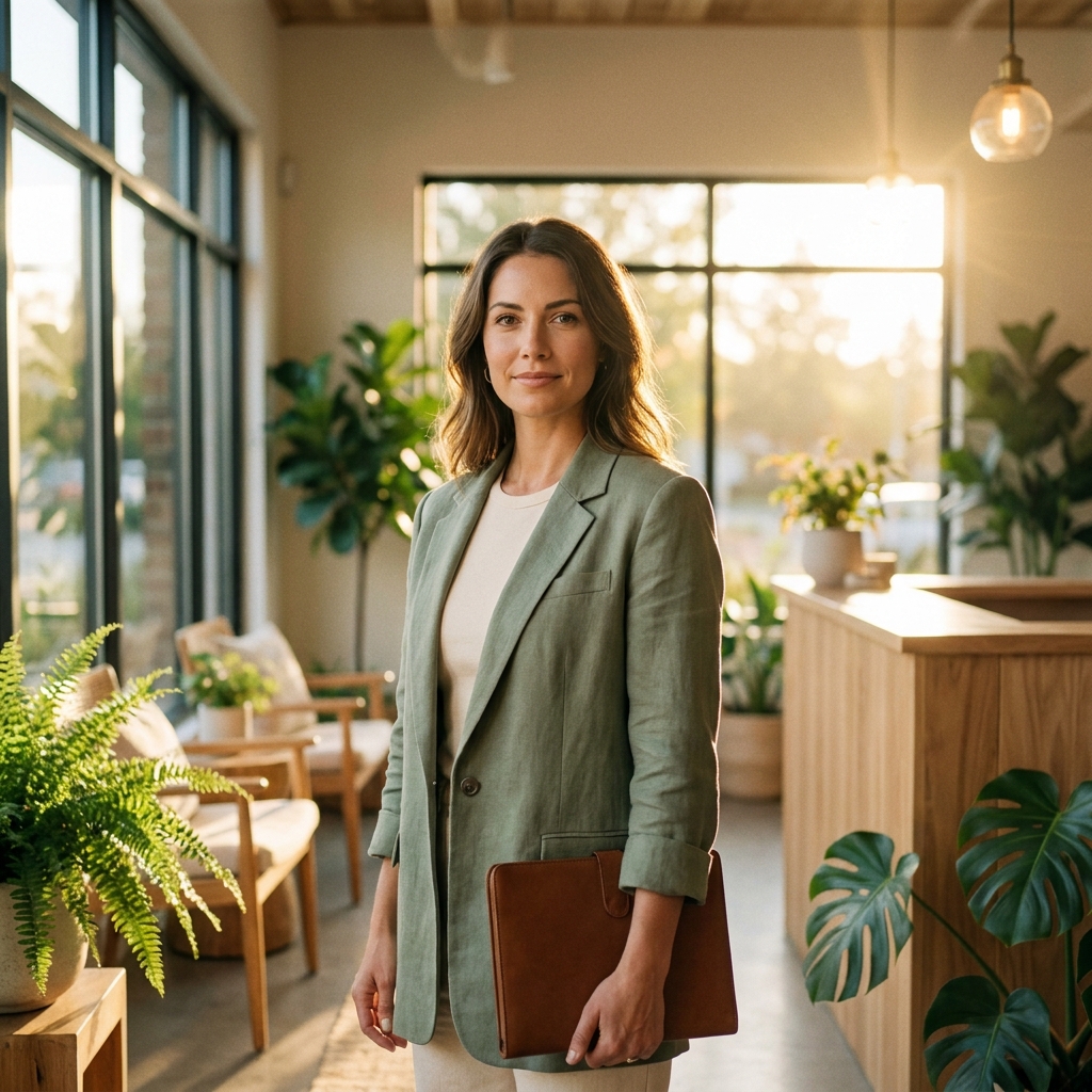 Professional holistic nutritionist holding credentials portfolio in a warm, plant-filled wellness studio