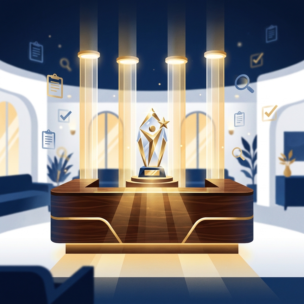 Stylized illustration of a medical practice setting with four glowing pillars and an award trophy representing ultimate medical practice award criteria standards.