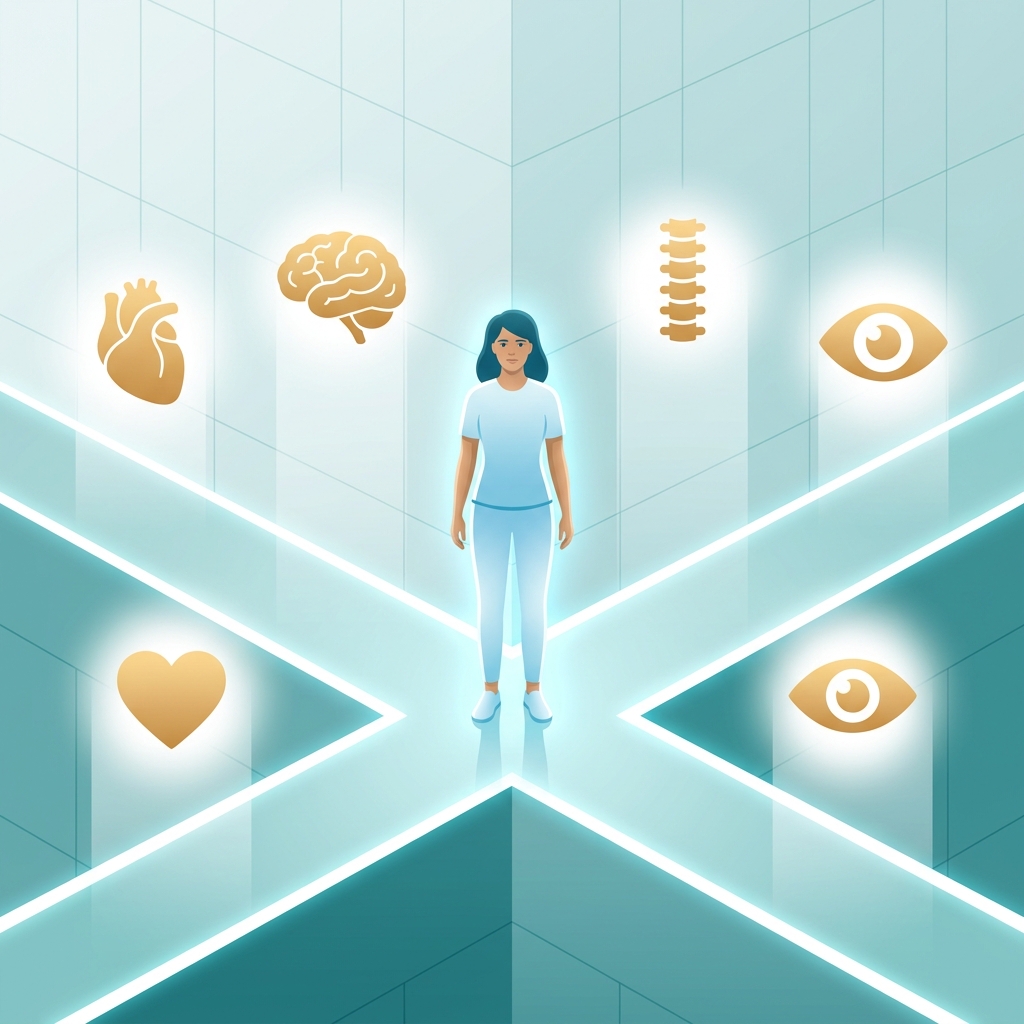 Illustrated patient confidently navigating a glowing map of medical specialties, representing choosing the right doctor for you.