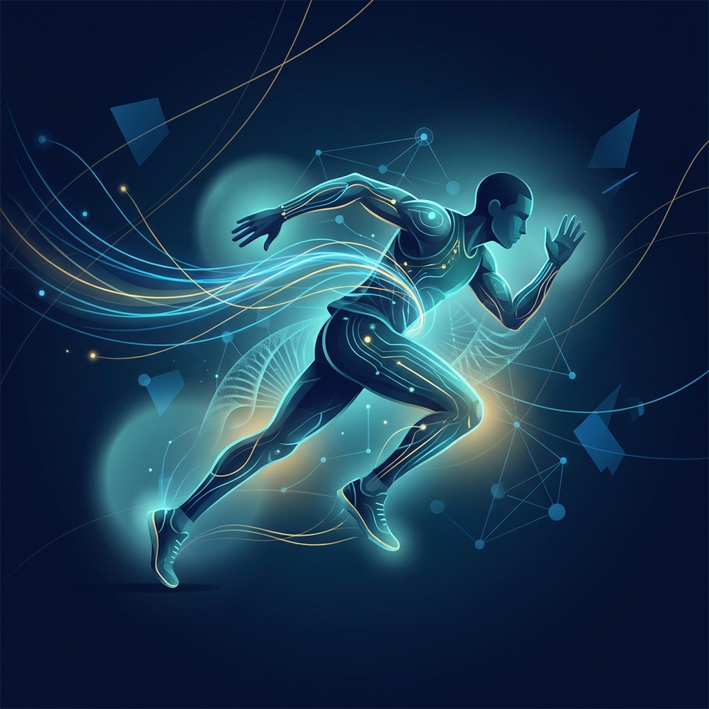 Athlete surrounded by glowing biomechanical data visualizations representing evidence-based sports injury prevention science