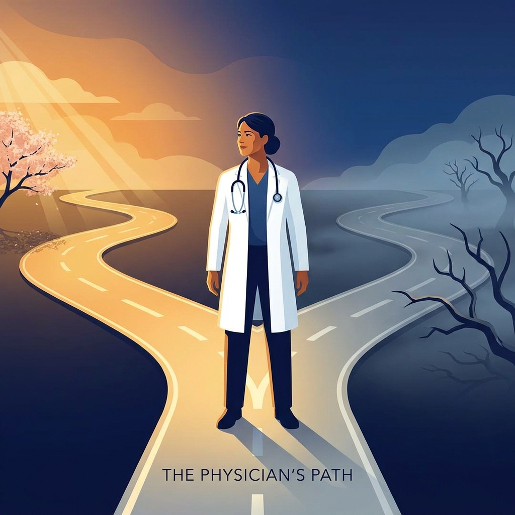 Physician standing at a crossroads choosing renewal, symbolizing physician burnout prevention wellness strategies