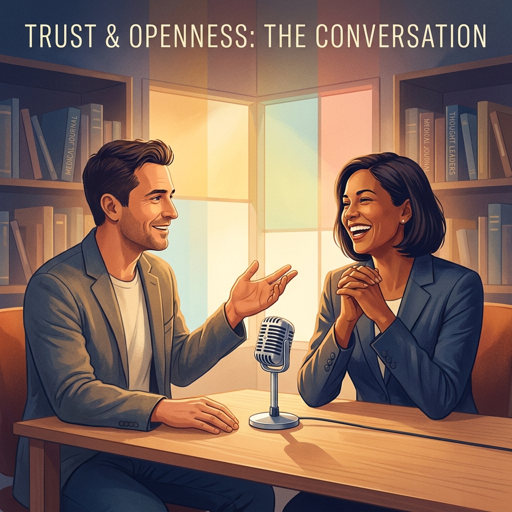 Healthcare podcast host conducting a candid doctor interview in a modern studio setting