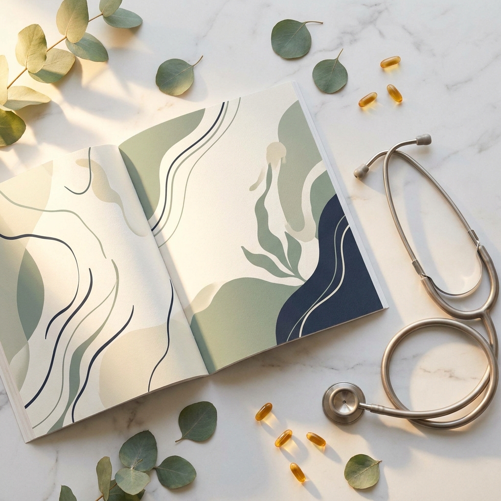 Open wellness magazine on marble surface with stethoscope and botanical elements, representing physician-authored health content.