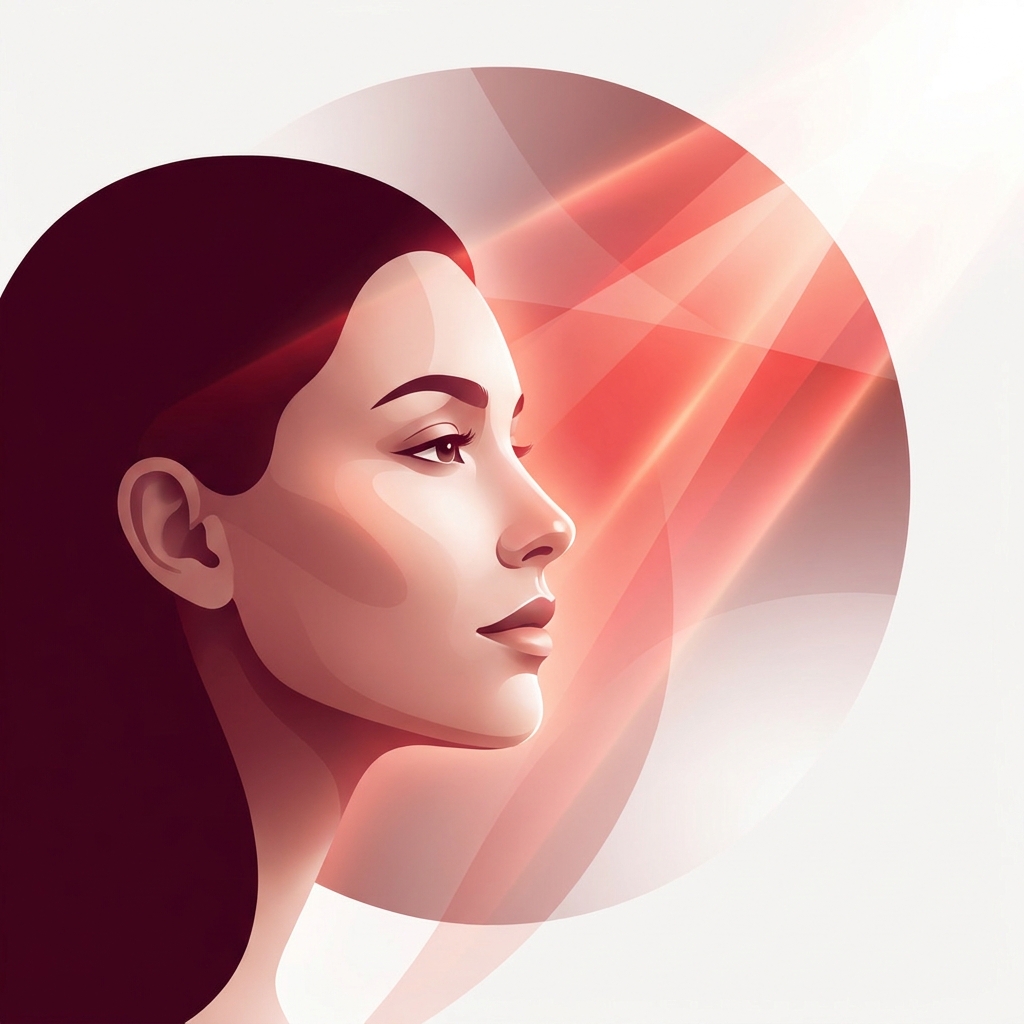 Woman's face glowing in red light therapy tones, illustrating red light therapy face benefits science
