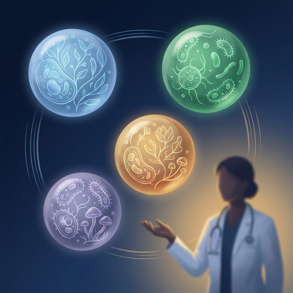 Stylized illustration showing four biotic categories concept with a doctor, representing the postbiotic prebiotic probiotic difference