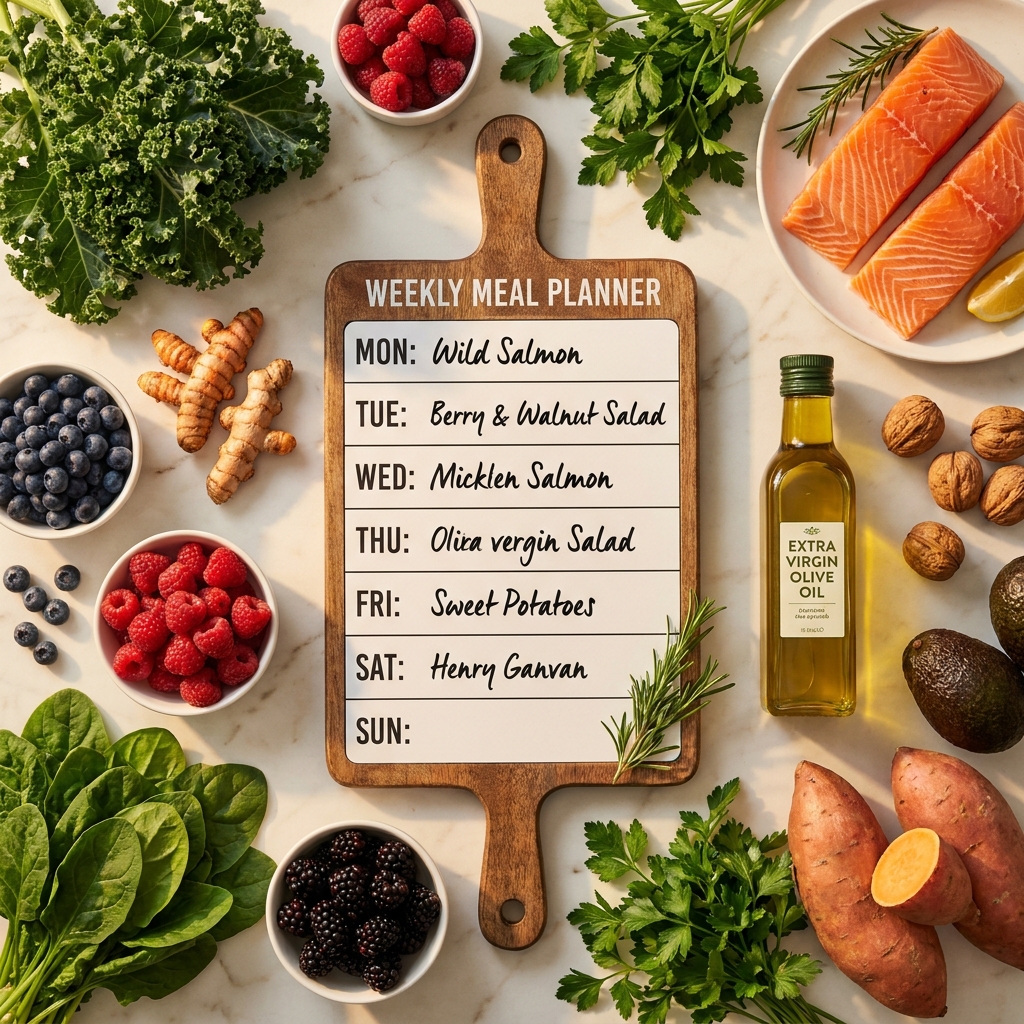 Colorful anti-inflammatory diet menu ingredients including salmon, berries, greens, and turmeric on marble surface
