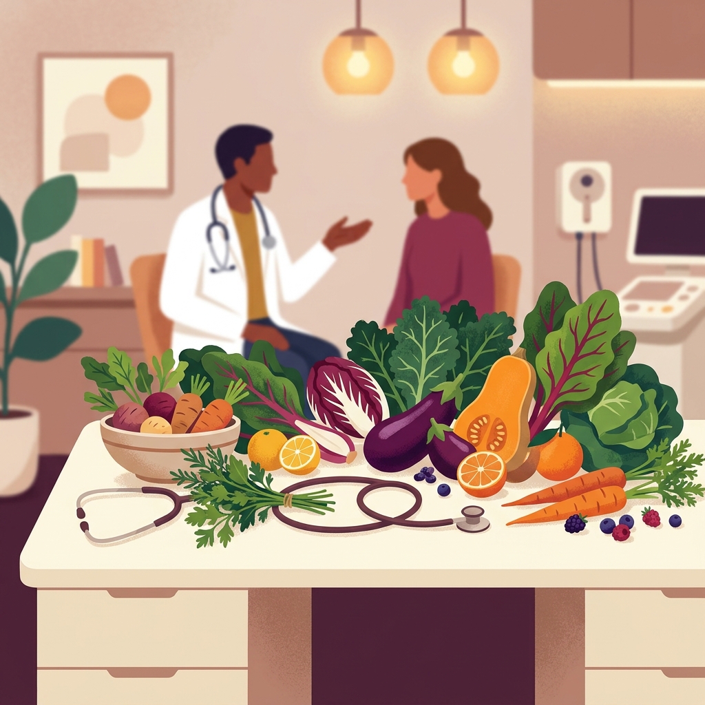 Doctor-backed food as medicine nutrition approach shown through colorful whole foods alongside a stethoscope