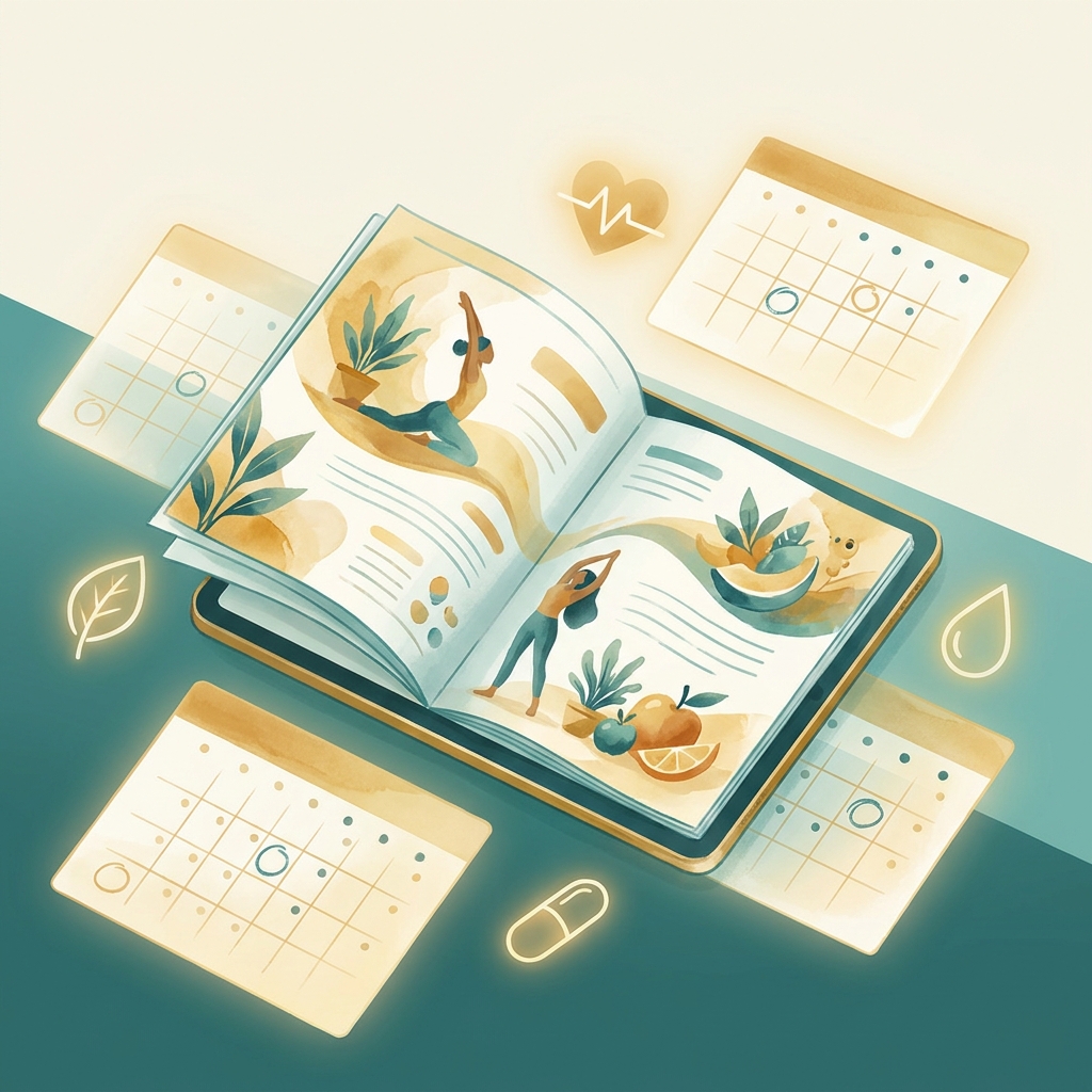 Digital tablet showing a health and wellness magazine biweekly digital issue surrounded by calendar and wellness icons