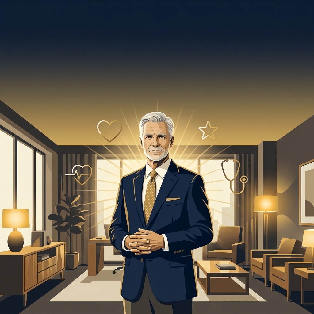 Illustrated distinguished physician bathed in golden light symbolizing top doctors in America recognition program excellence
