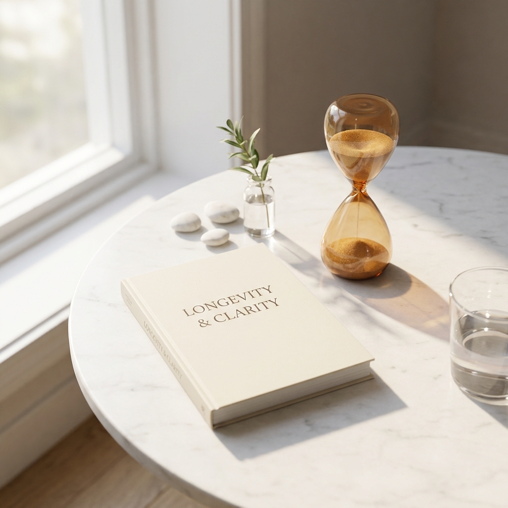 Outlive: The Science and Art of Longevity paperback book on marble surface with hourglass and wellness elements