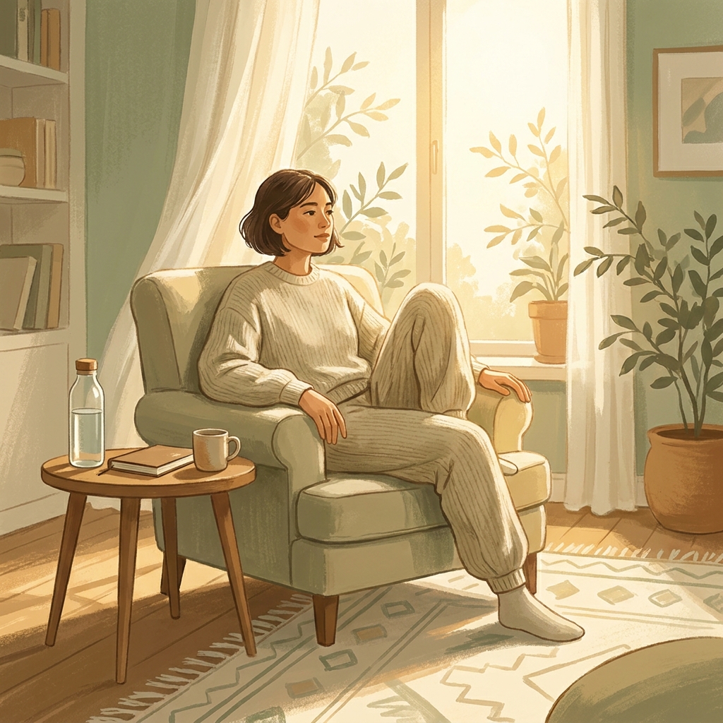 Patient resting comfortably at home during orthopedic surgery recovery, surrounded by a calm, healing environment