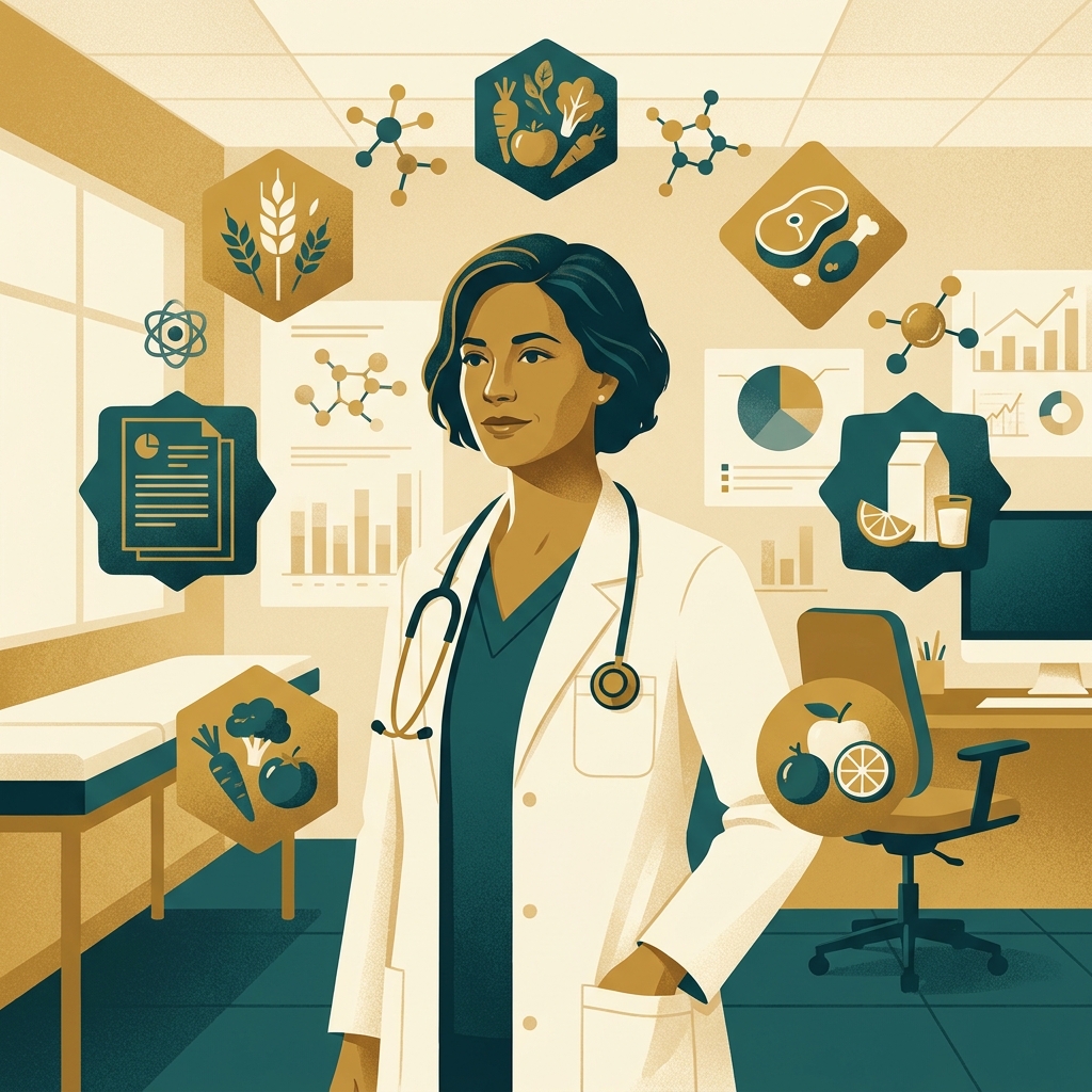 Doctor reviewing nutrition science evidence-based recommendations in a modern clinical setting