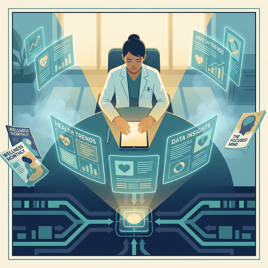 Healthcare professional navigating curated digital health magazine content on glowing screens in a modern workspace