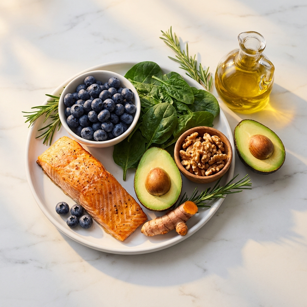 Colorful anti-inflammatory foods arranged for a 28-day anti-inflammatory diet meal plan