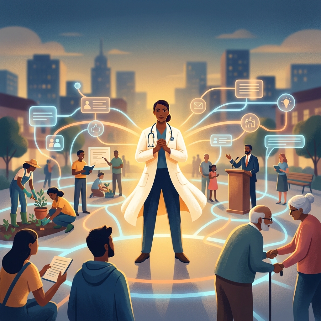 Physician representing healthcare nonprofit charity doctor involvement standing as a community leader with glowing network connections