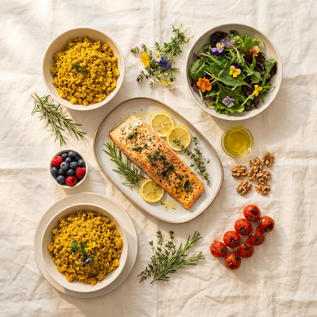 Colorful anti-inflammatory diet menu spread with Mediterranean foods including salmon, greens, berries, and olive oil