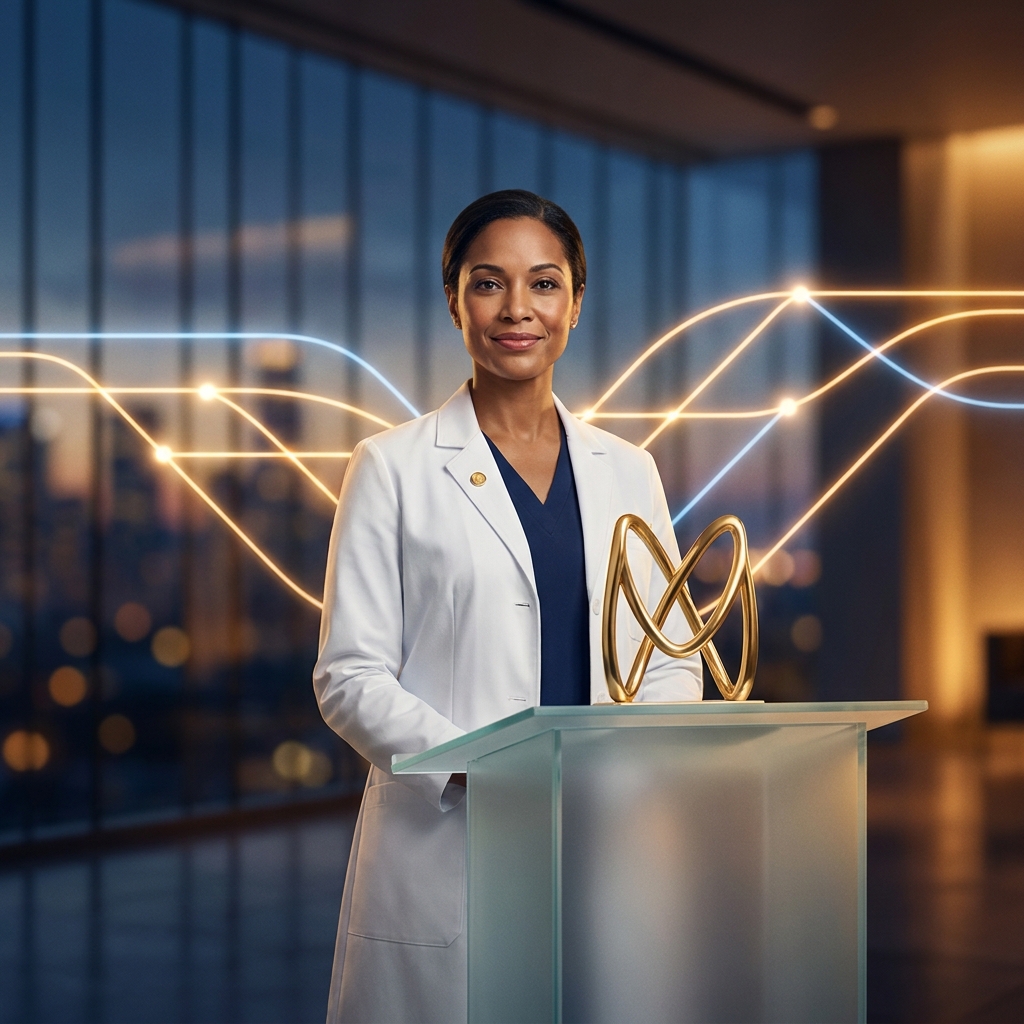 Physician entrepreneur receiving healthcare innovation award recognition, symbolizing medicine and entrepreneurship excellence.