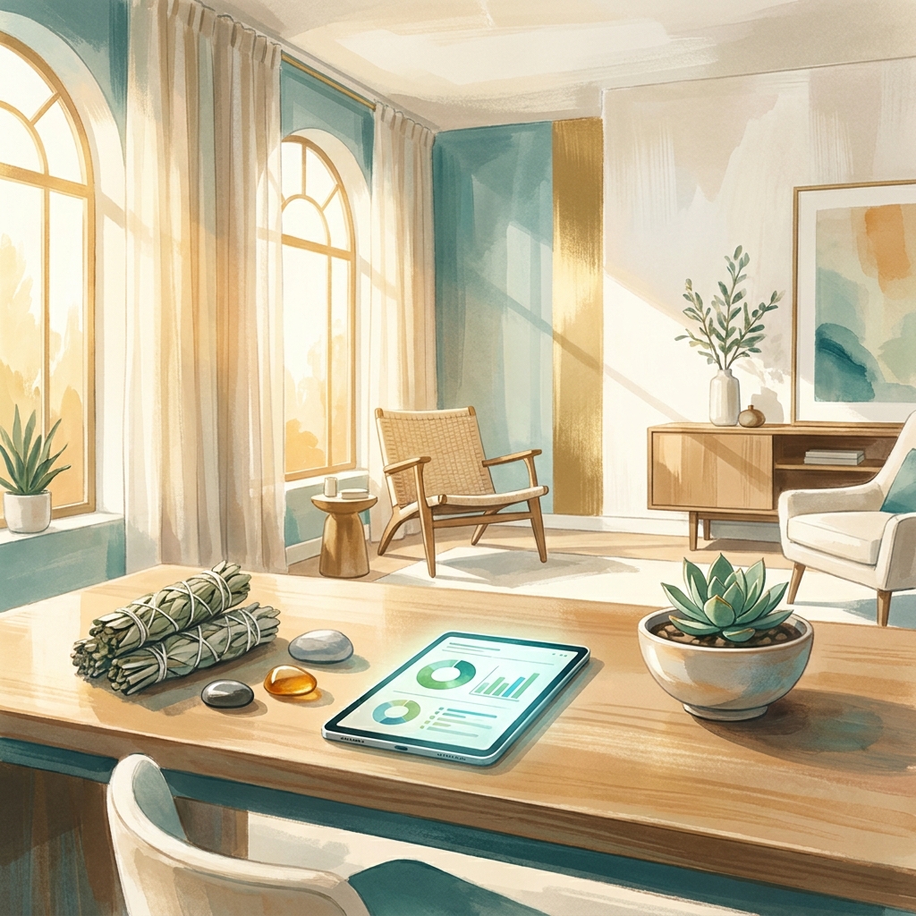 Serene consultation room symbolizing integrative oncology complementary cancer care with botanical and wellness elements
