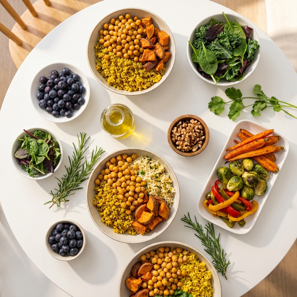 Colorful anti-inflammatory diet meal plan ingredients arranged in an overhead flat lay