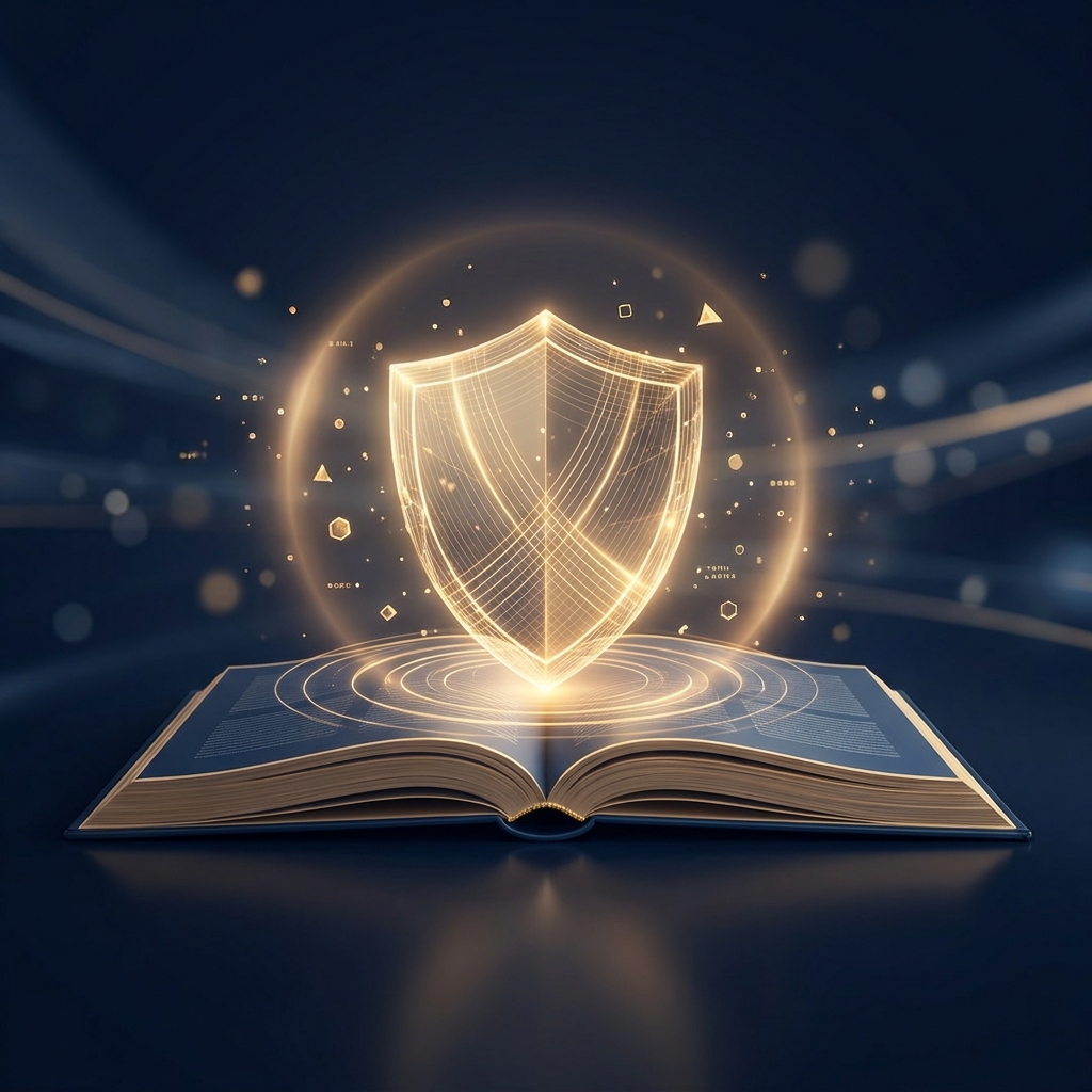 Glowing shield emerging from a medical journal, symbolizing health journalism standards and medical accuracy in trusted reporting.