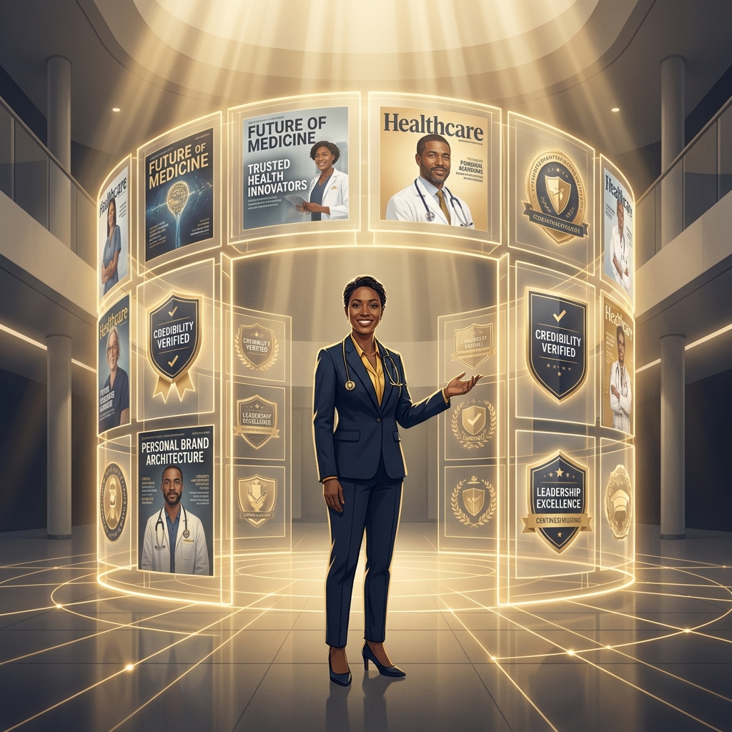 Physician standing before a glowing digital credibility architecture framework representing physician personal branding media presence