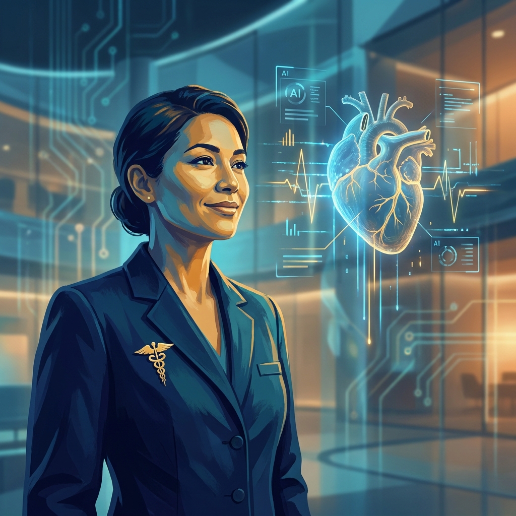 Cardiology heart health doctor spotlight illustration showing a cardiologist with glowing holographic heart and AI diagnostics