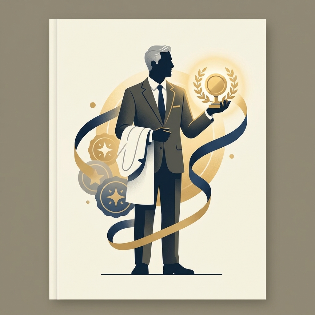Stylized illustration representing the doctor award peer review nomination process with a physician and golden recognition medallion